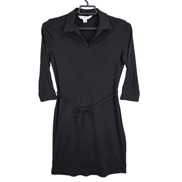 Womens Petite Sophisticate Black Collared Dress 3/4 Sleeve Belted Rayon Blend S - Picture 1 of 8